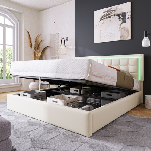 Sweiko - Lit LED adulte Lit coffre Cadre de lit avec espace de rangement  Lit simple 140x200 cm Blanc Sweiko - Le meilleur de nos Marchands Maison